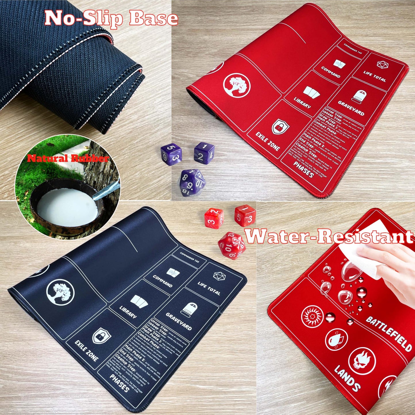 HaoSiTeck Card Game Playmats – 2-Pack MTG Playmat with Dice, 24x14 in, Black/Red