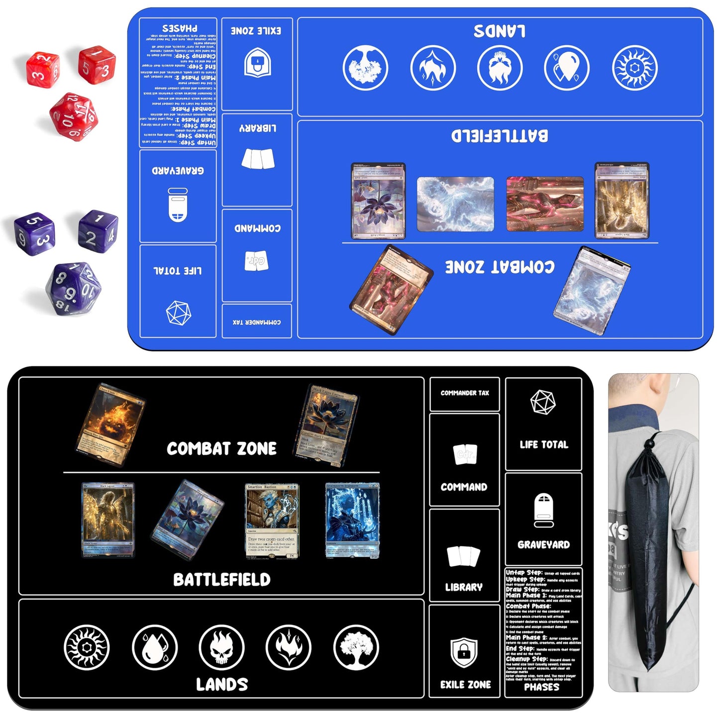 HaoSiTeck MTG Playmats 2-Pack with Dice – 24x14 Inch Card Game Mats for TCG and Commander