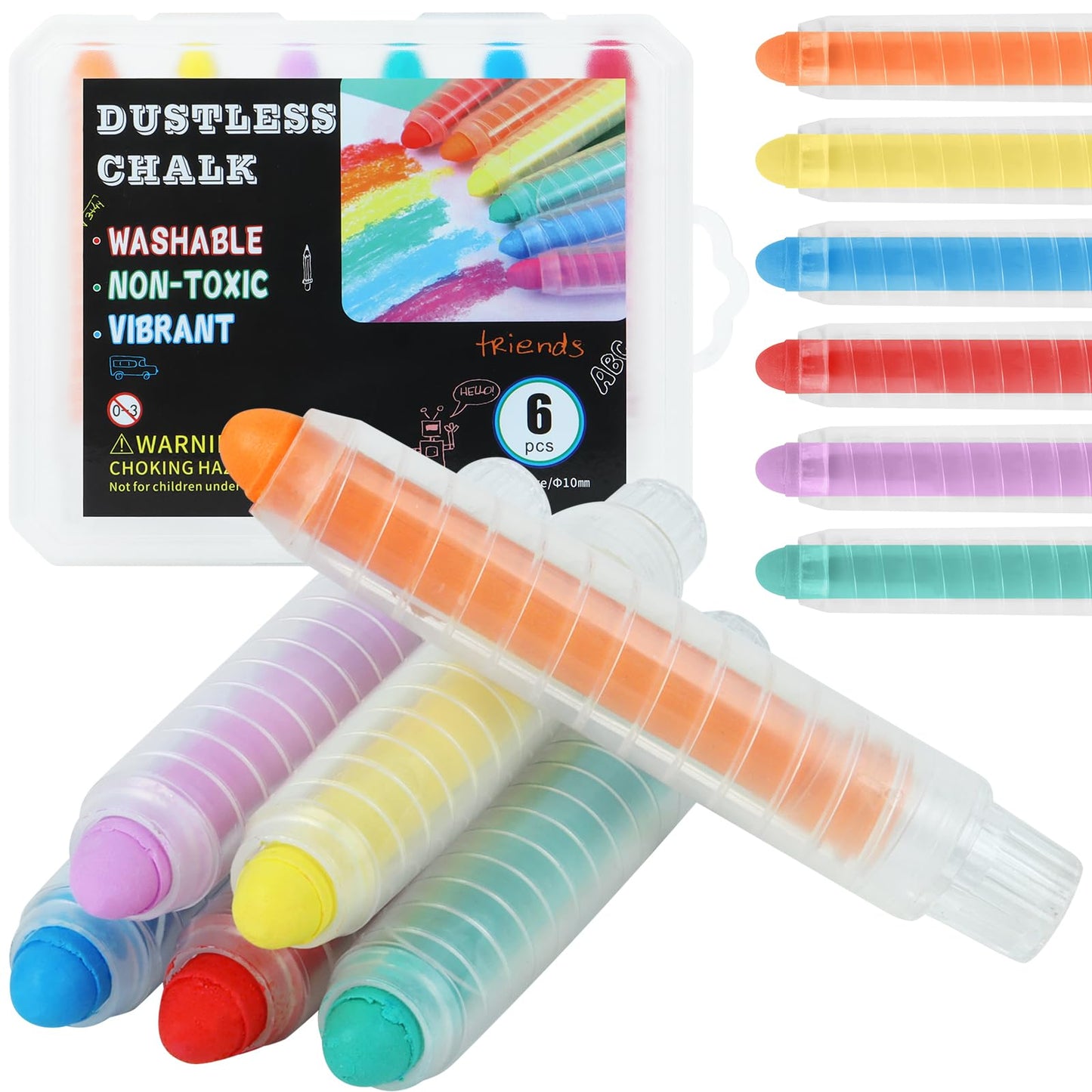 Haoyond Dustless Chalk for Kids – 6-Color Non-Toxic Sidewalk Chalk with Holders