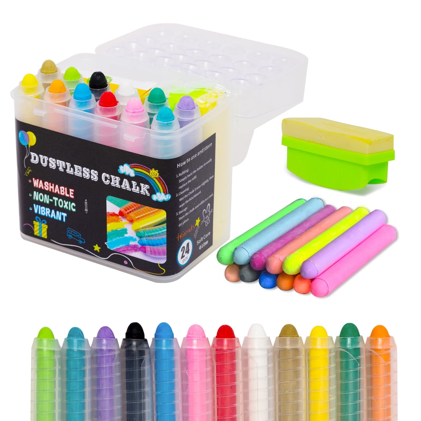 Haoyond Dustless Chalk Set for Kids – 24 Colors, Twistable Holder & Wet Eraser