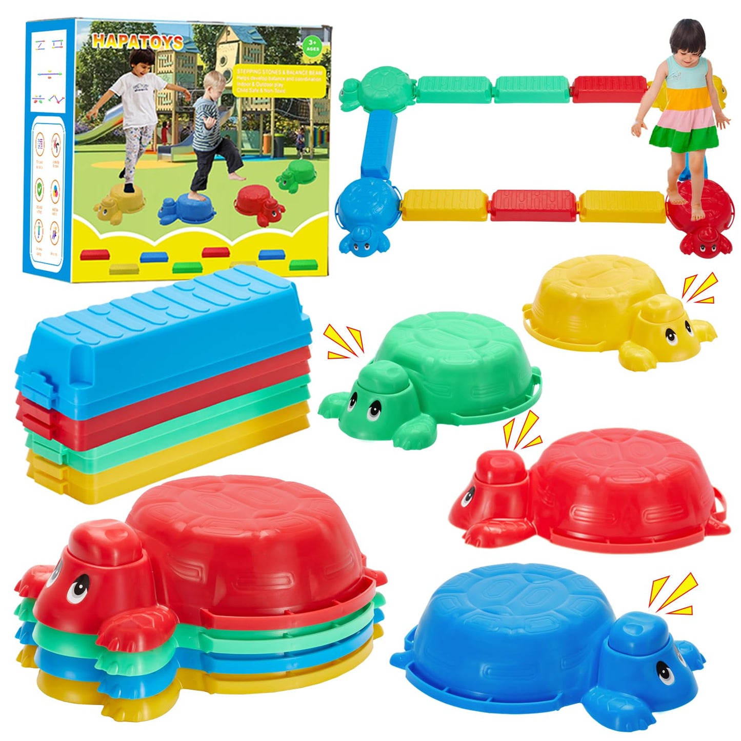 HAPATOYS 12-Piece Balance Beams & Turtle Stepping Stones for Kids – Indoor/Outdoor Play