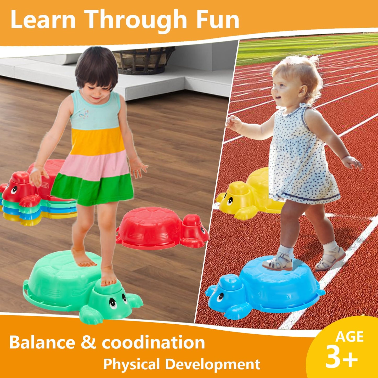 HAPATOYS 12-Piece Balance Beams & Turtle Stepping Stones for Kids – Indoor/Outdoor Play