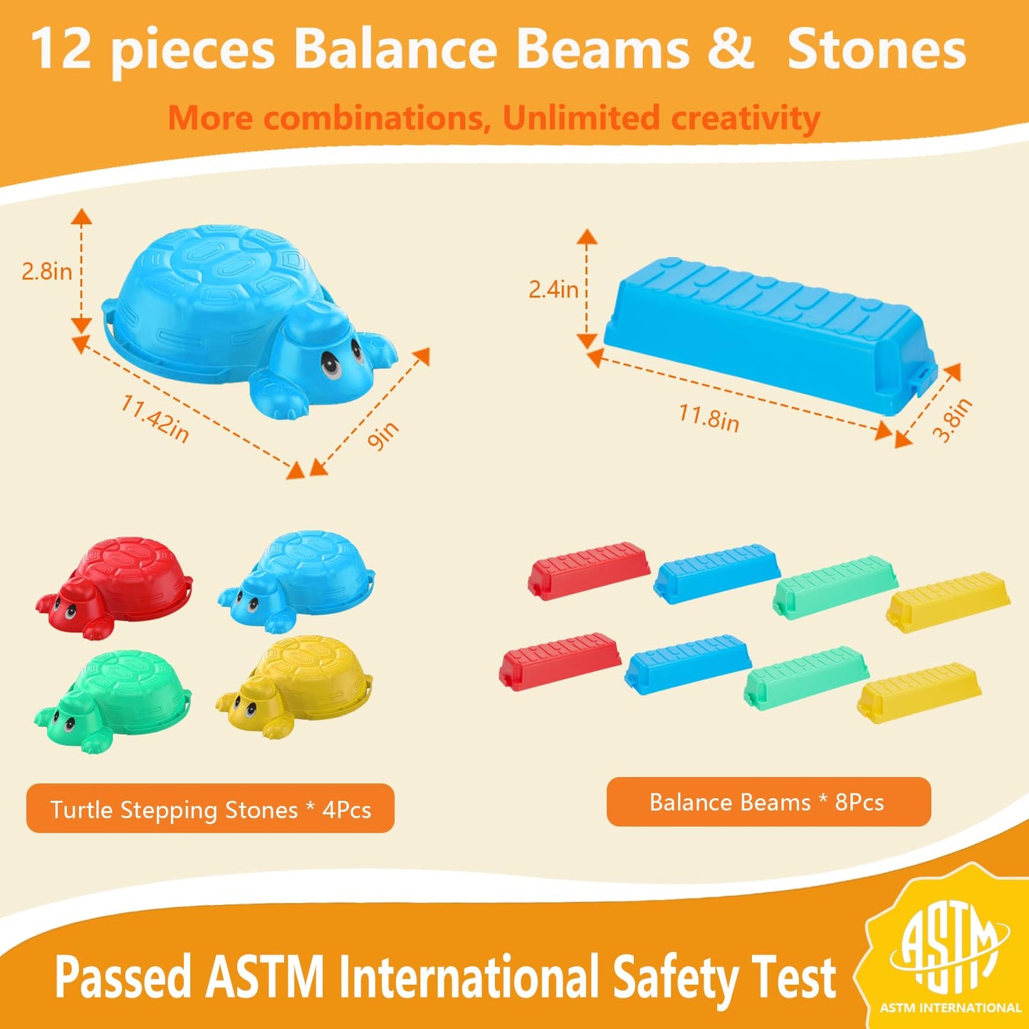 HAPATOYS 12-Piece Balance Beams & Turtle Stepping Stones for Kids – Indoor/Outdoor Play
