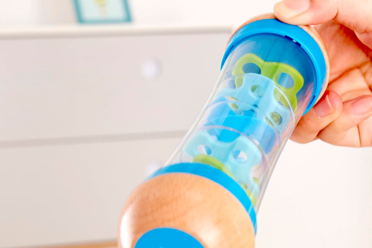 Hape Beaded Raindrops Rainmaker – Mini Wooden Musical Shake & Rattle Toy, Blue | Model E0328B