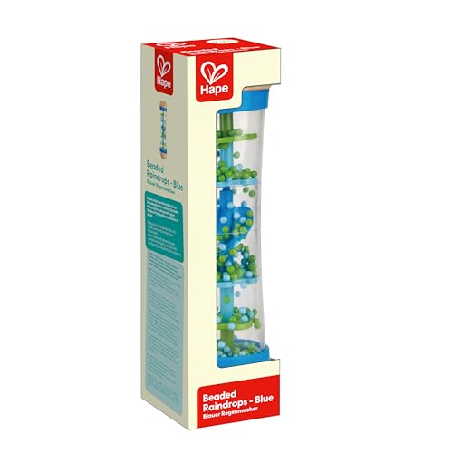 Hape Beaded Raindrops Rainmaker – Mini Wooden Musical Shake & Rattle Toy, Blue | Model E0328B