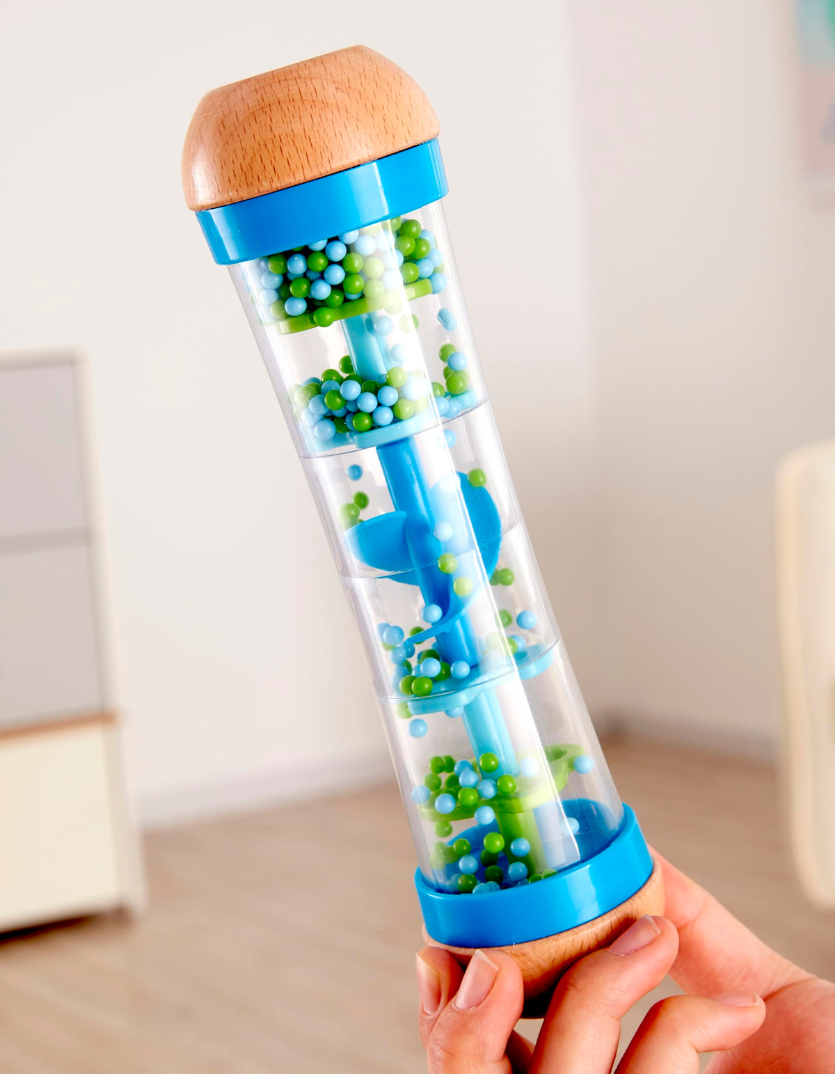 Hape Beaded Raindrops Rainmaker – Mini Wooden Musical Shake & Rattle Toy, Blue | Model E0328B
