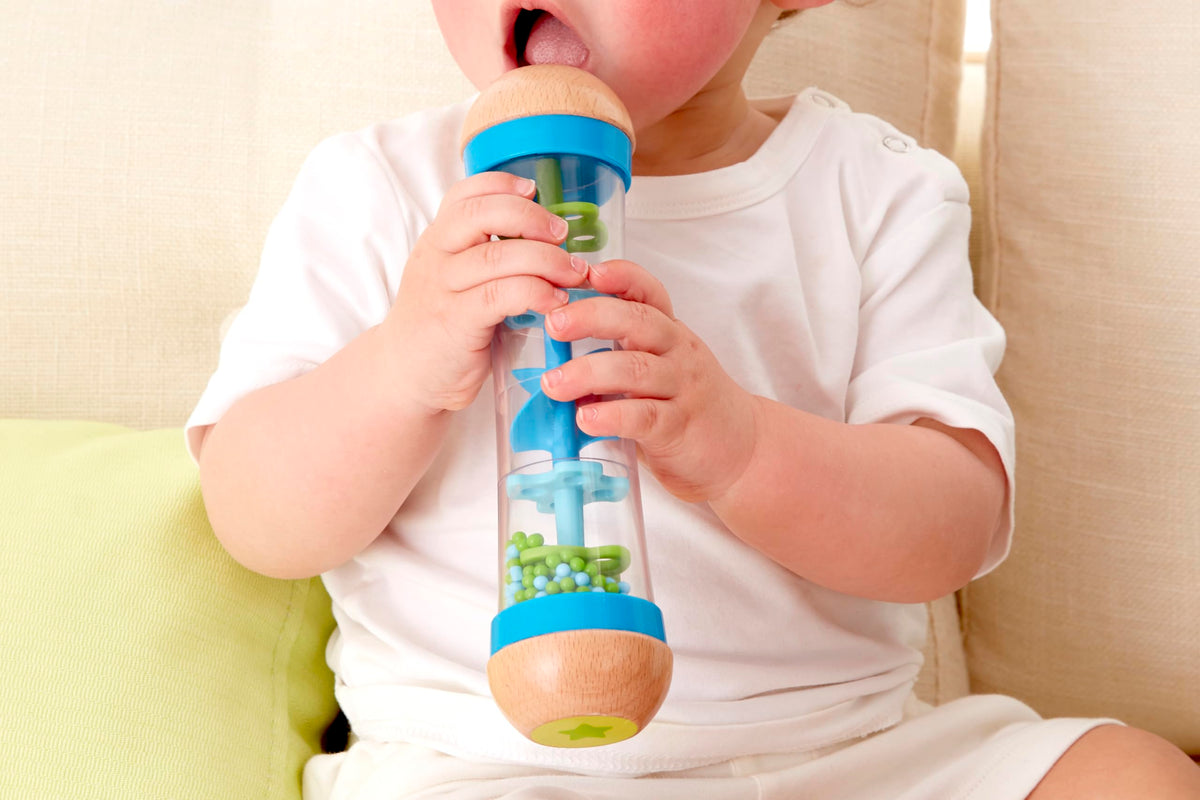 Hape Beaded Raindrops Rainmaker – Mini Wooden Musical Shake & Rattle Toy, Blue | Model E0328B
