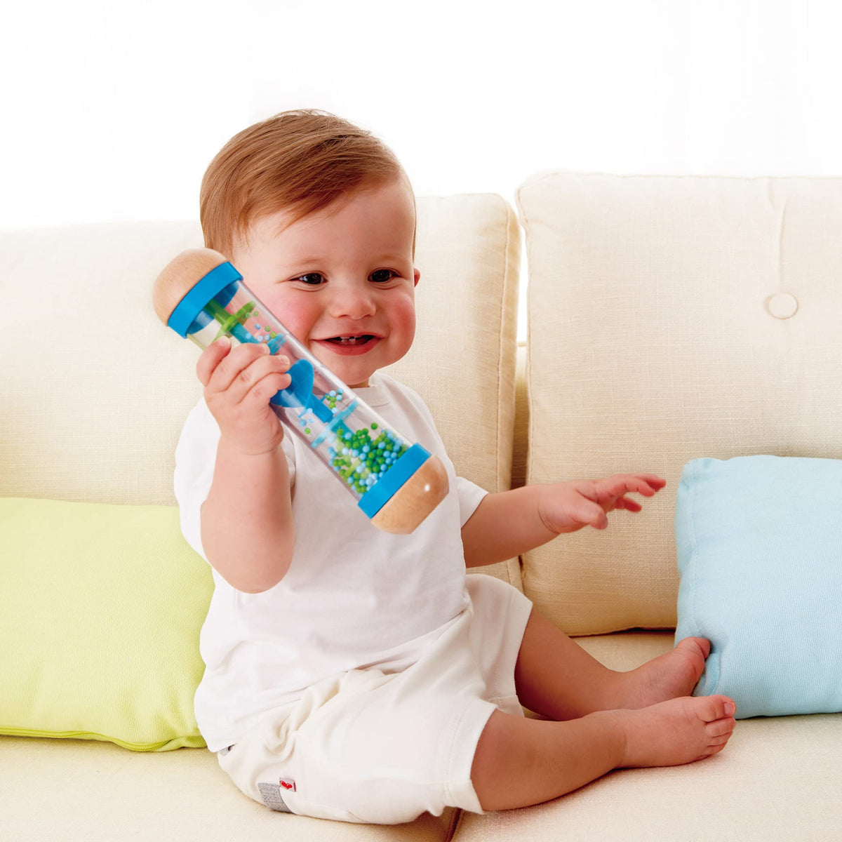 Hape Beaded Raindrops Rainmaker – Mini Wooden Musical Shake & Rattle Toy, Blue | Model E0328B