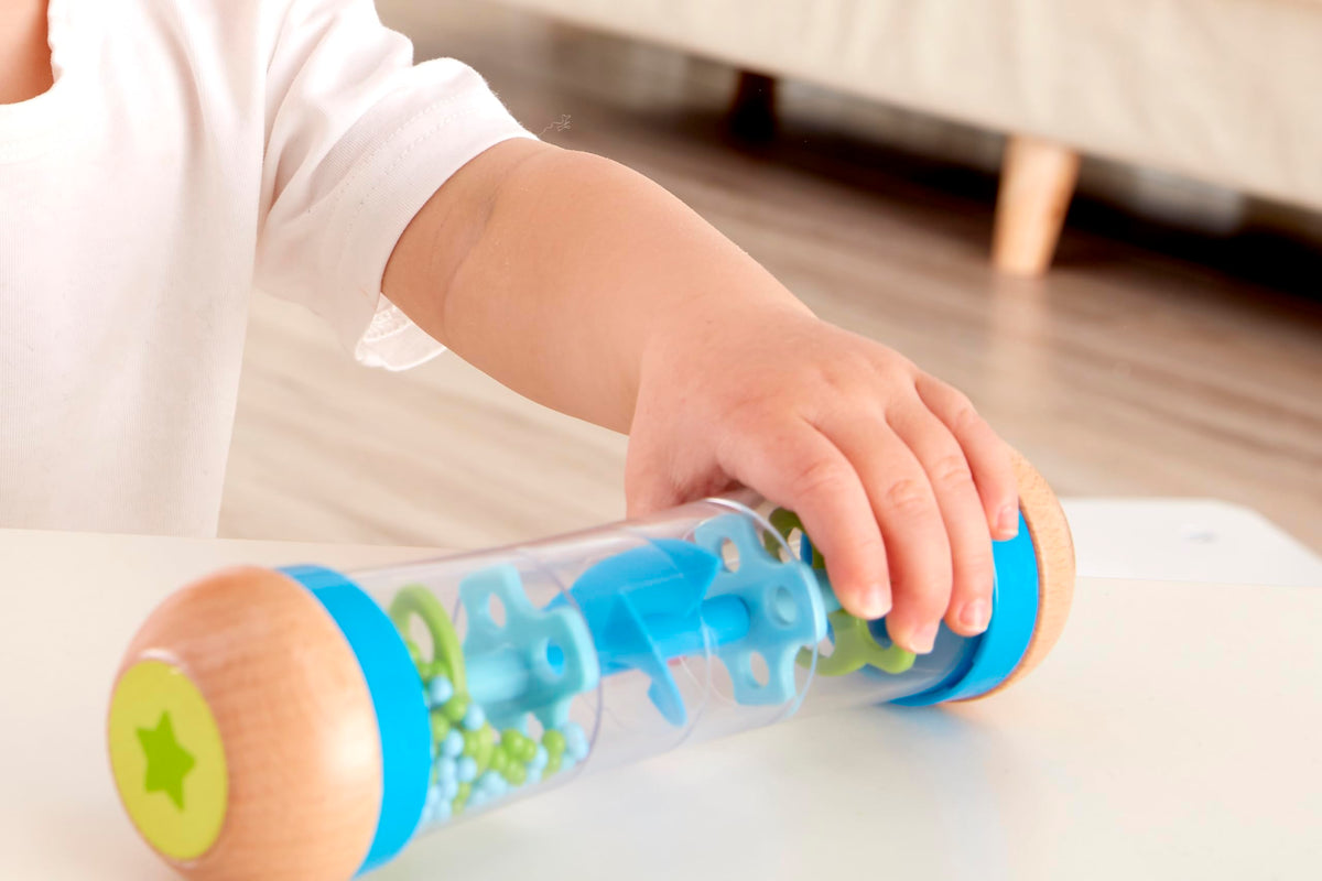 Hape Beaded Raindrops Rainmaker – Mini Wooden Musical Shake & Rattle Toy, Blue | Model E0328B