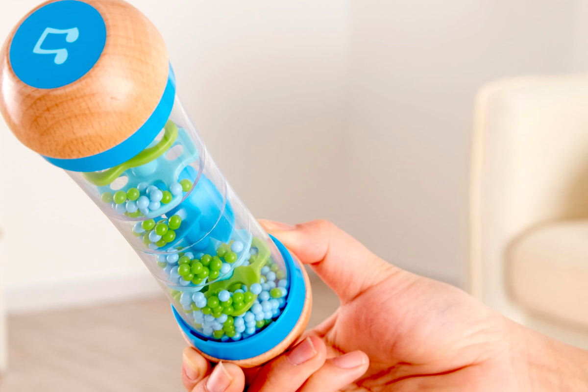 Hape Beaded Raindrops Rainmaker – Mini Wooden Musical Shake & Rattle Toy, Blue | Model E0328B