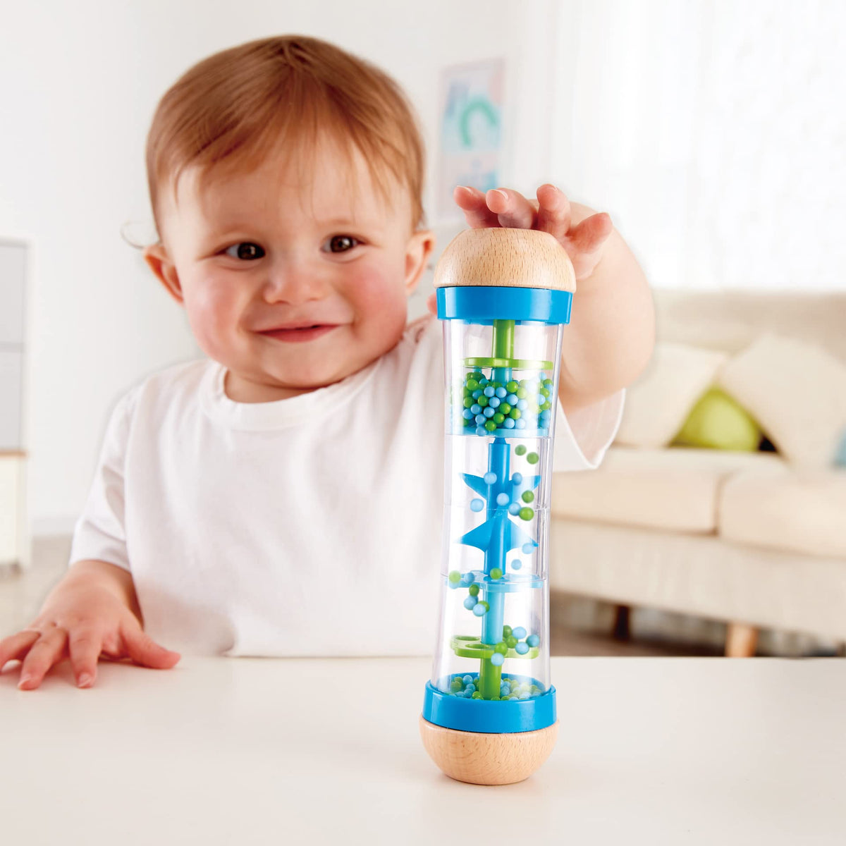 Hape Beaded Raindrops Rainmaker – Mini Wooden Musical Shake & Rattle Toy, Blue | Model E0328B