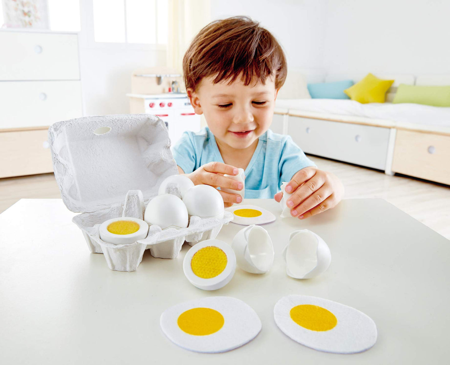 Hape Egg Carton – 3 Hard-Boiled Eggs with Easy-Peel Shell & 3 Fried Eggs | Wooden Educational Toy for 3+