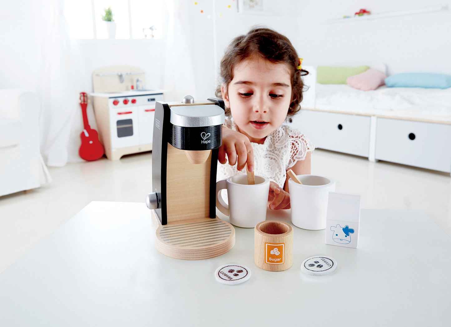 Hape Wooden Black Coffee Maker Kitchen Set with Accessories | Pretend Play Toy for Kids 3+