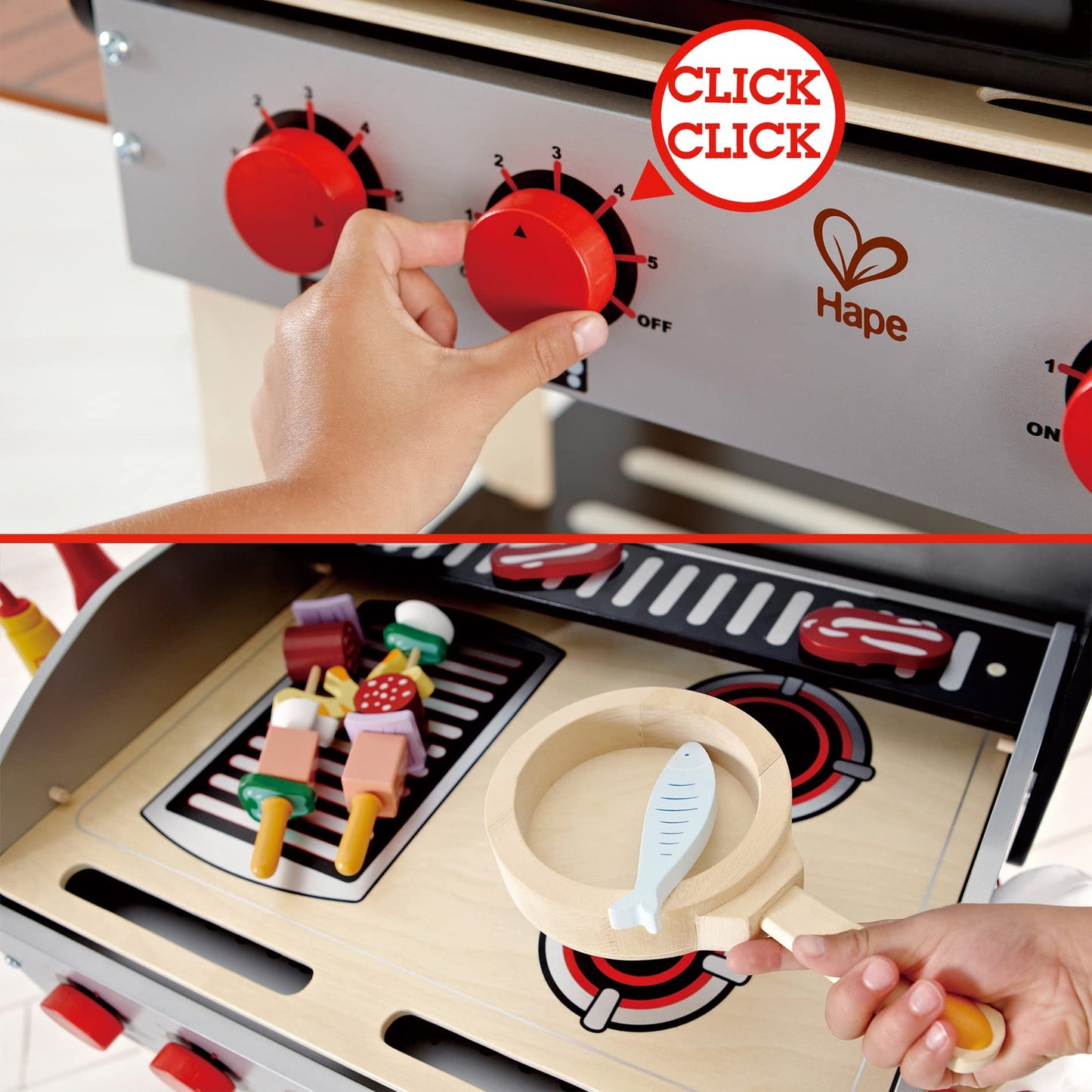 Hape Wooden Gourmet Grill and Shish Kabob Playset – Pretend Cooking for Kids
