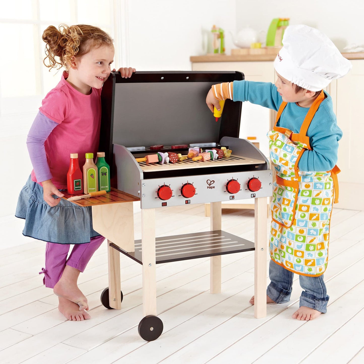 Hape Wooden Gourmet Grill and Shish Kabob Playset – Pretend Cooking for Kids