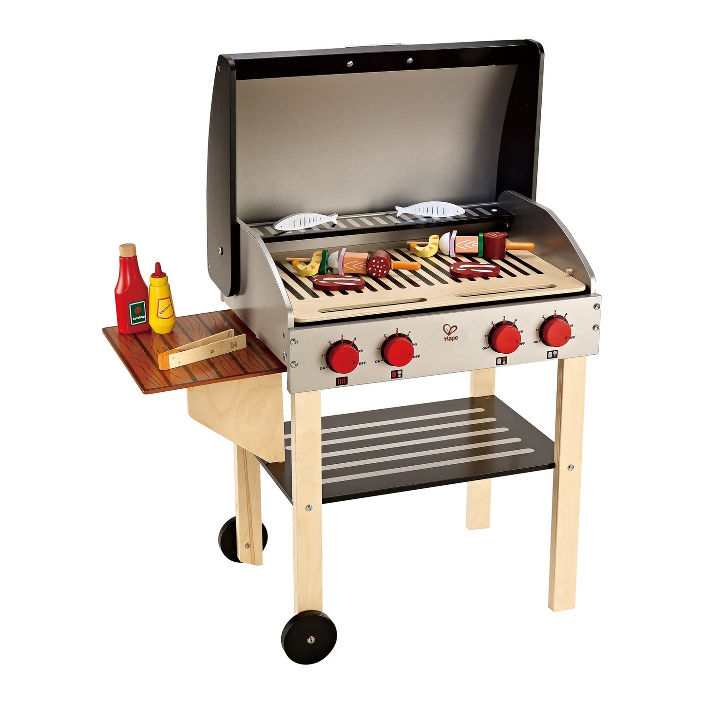 Hape Wooden Gourmet Grill and Shish Kabob Playset – Pretend Cooking for Kids