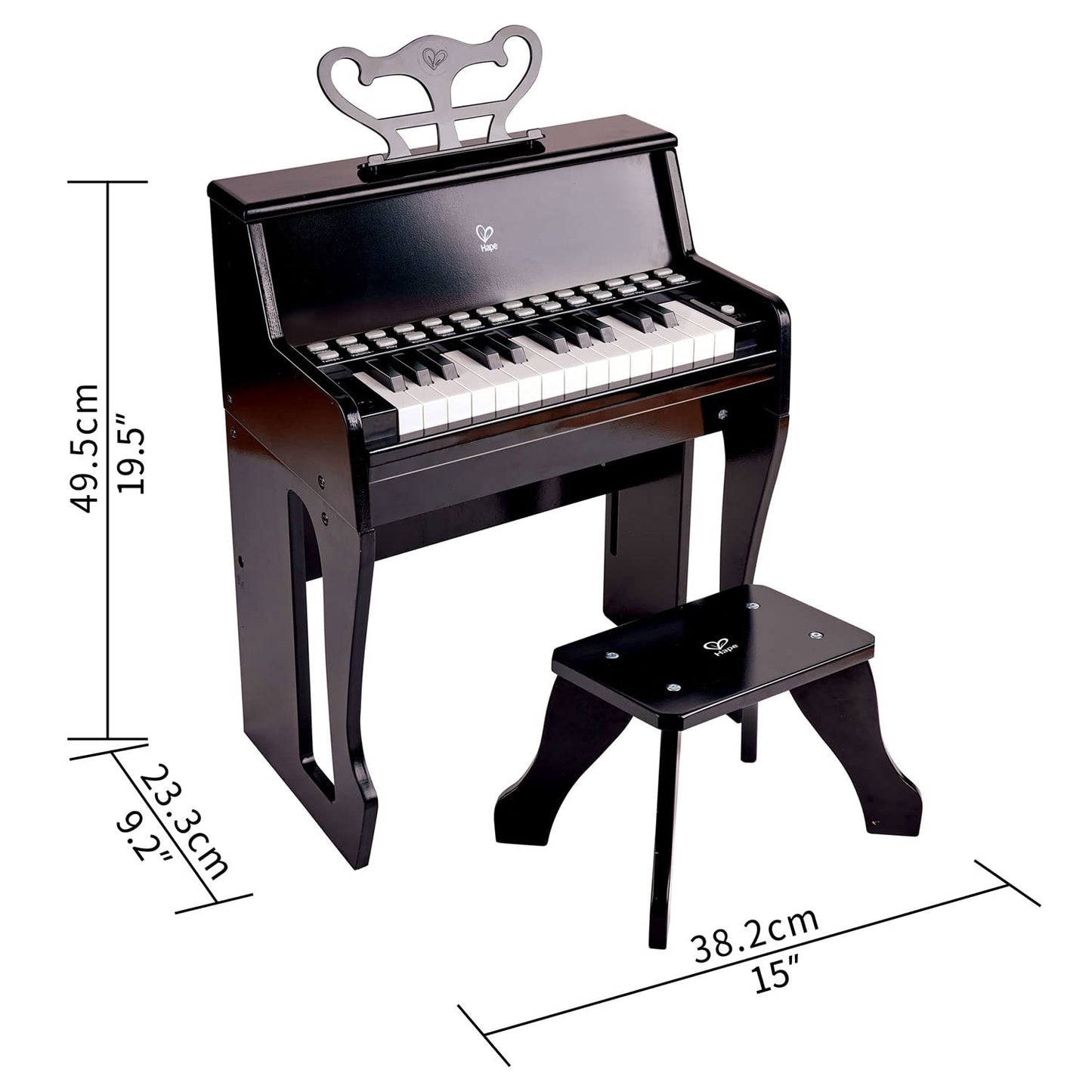 Hape Learn with Lights Black Piano with Stool – 25-Key Kids Keyboard