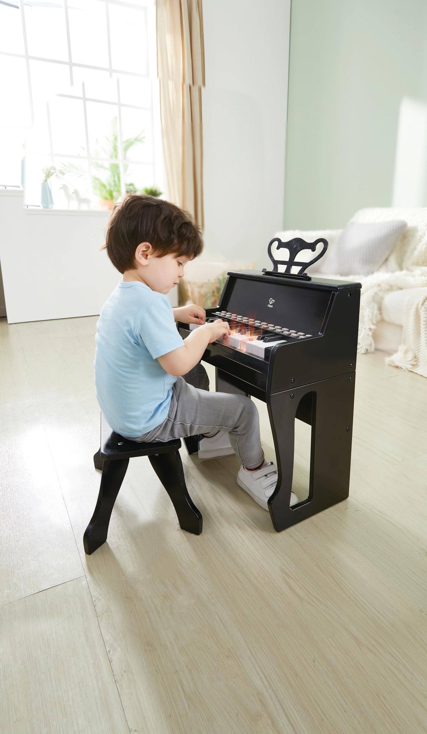 Hape Learn with Lights Black Piano with Stool – 25-Key Kids Keyboard