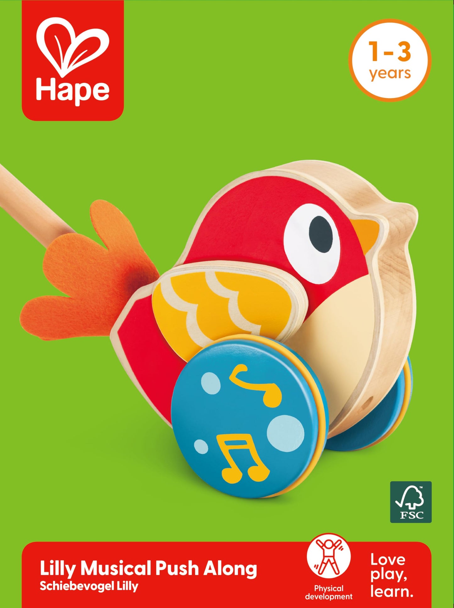 Hape Lilly Musical Push Along Bird — Wooden Toddler Walker with Detachable Stick