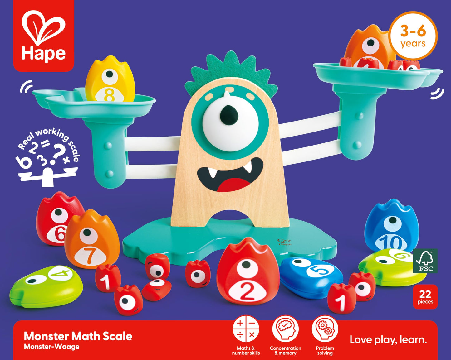 Hape Math Monster Scale Toy – 22-Piece Counting & Balance STEM Game