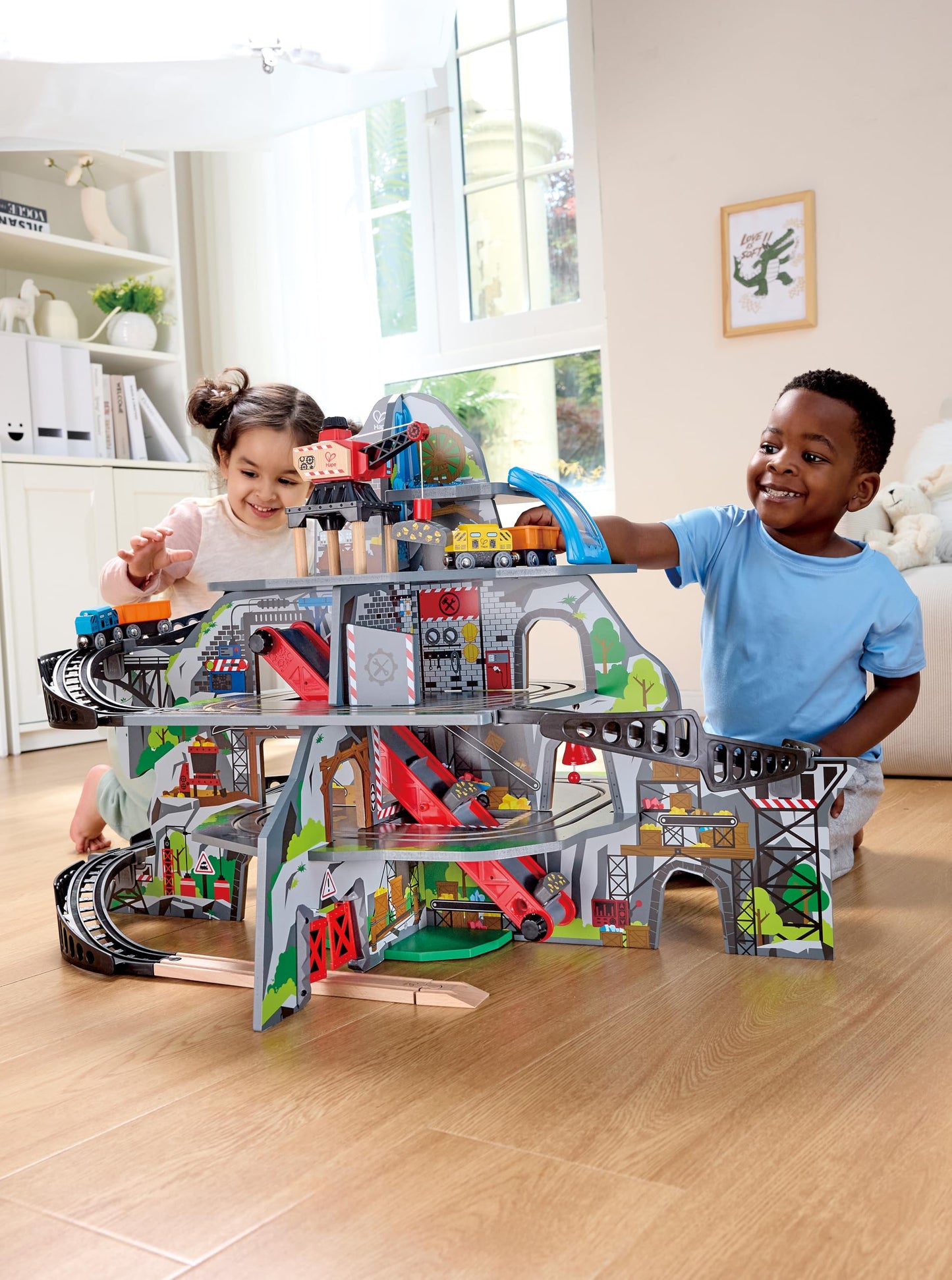 Hape Mountain Mine Railway Playset | 4-Level Wooden Train Set with Crane