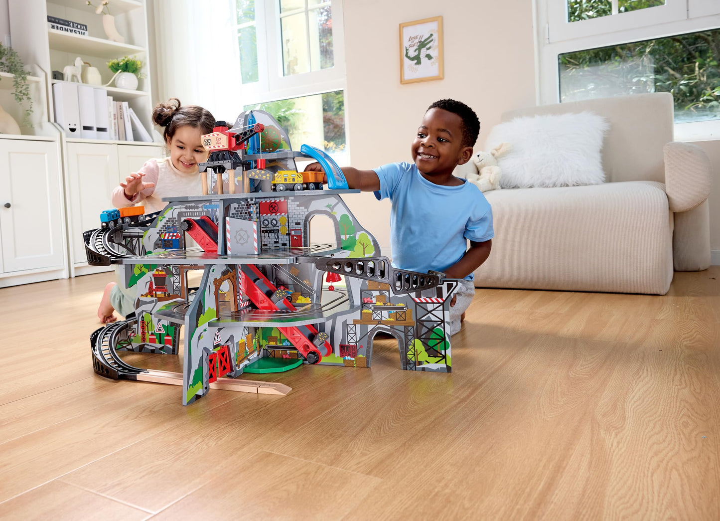 Hape Mountain Mine Railway Playset | 4-Level Wooden Train Set with Crane
