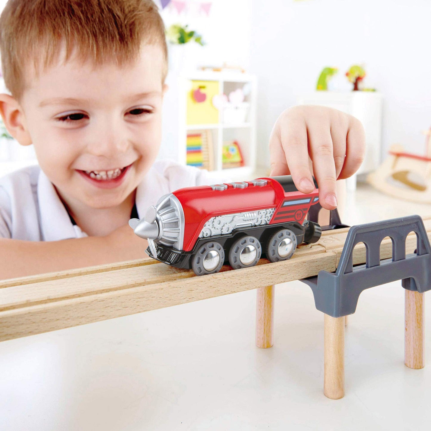 Hape Kids Wooden Railway Propeller Steam Engine | Battery-Powered Wooden Train