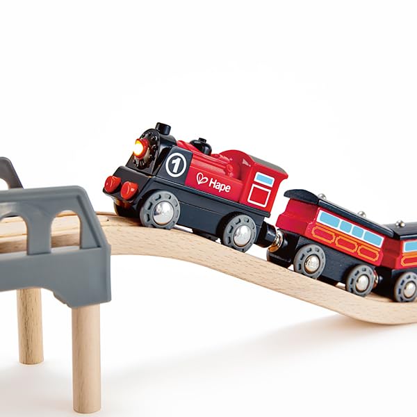 Hape Railway Battery Powered Train – Wooden Engine with Lights & Magnetic Connectors