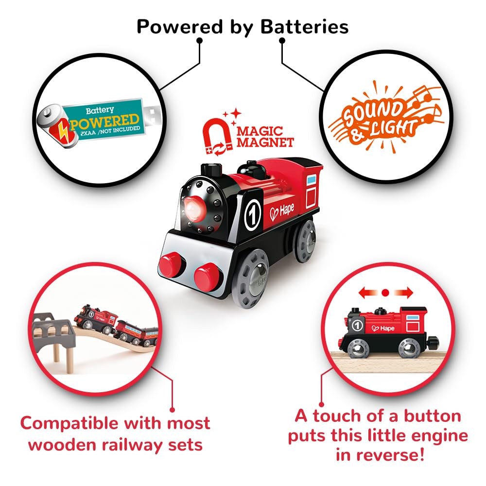 Hape Railway Battery Powered Train – Wooden Engine with Lights & Magnetic Connectors