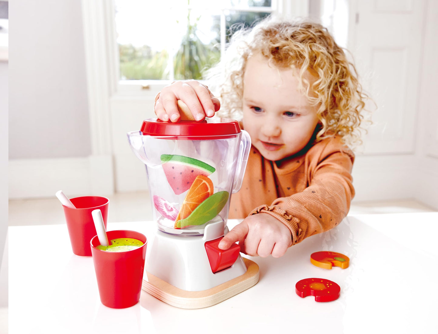 Hape Smoothie Blender | Multicolor Wooden Kitchen Play Set with Cups & Straws