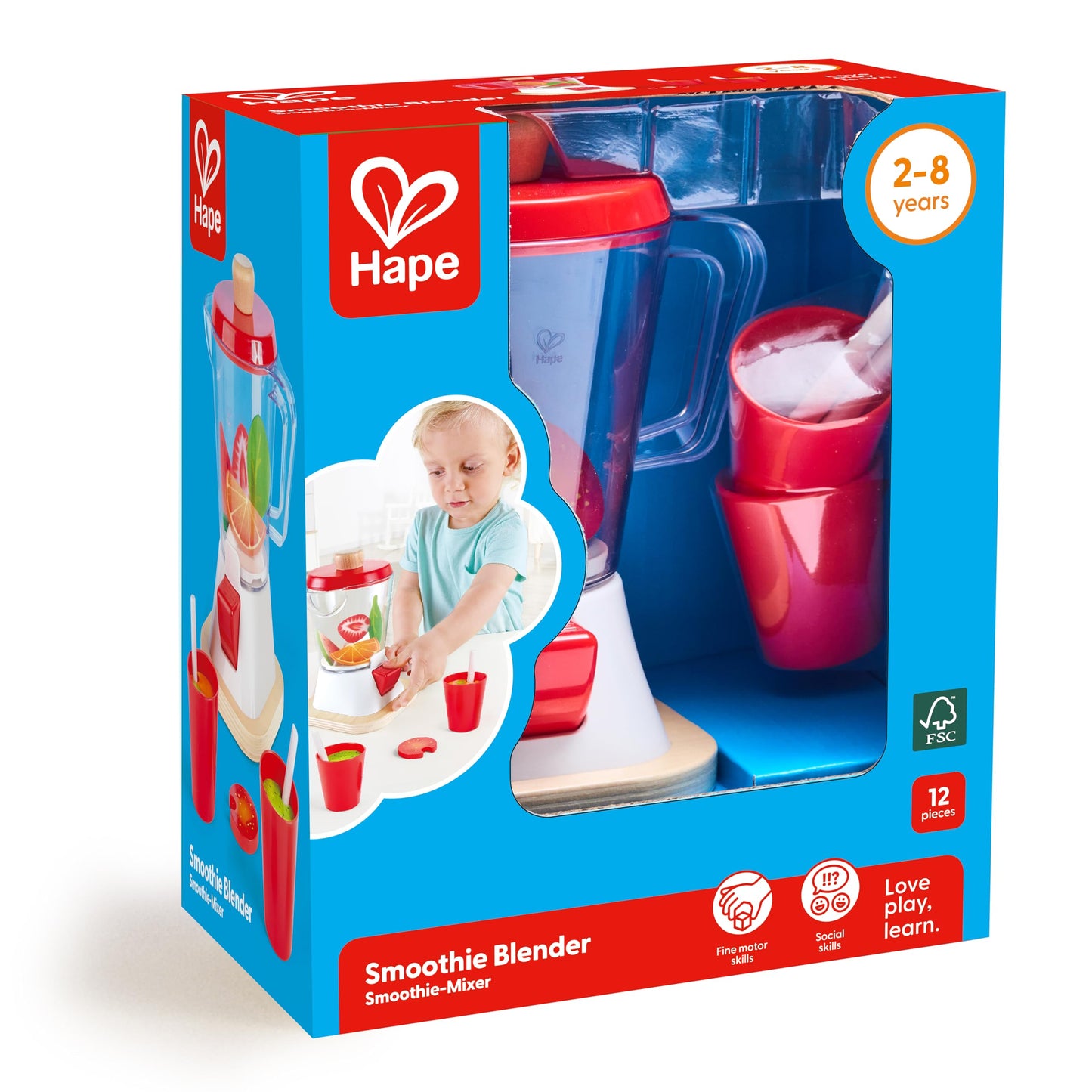Hape Smoothie Blender | Multicolor Wooden Kitchen Play Set with Cups & Straws
