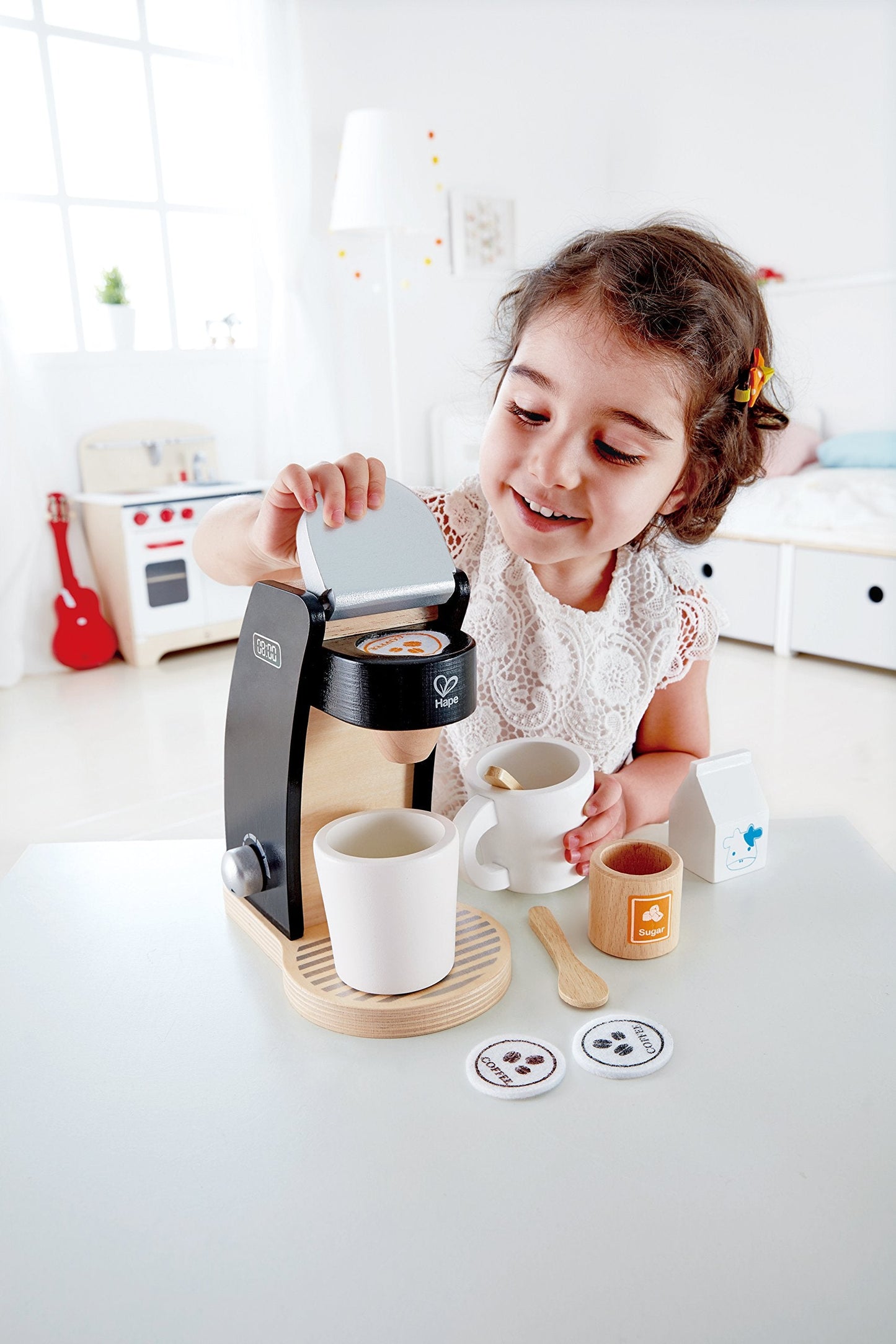 Hape Wooden Black Coffee Maker Kitchen Set with Accessories | Pretend Play Toy for Kids 3+