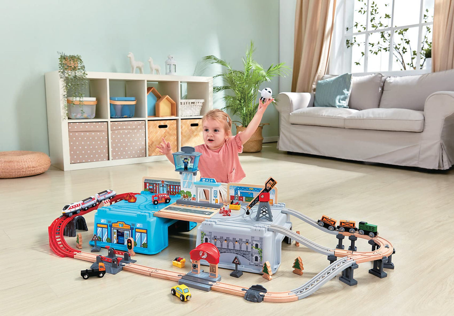 Hape Super Cityscape Transport Bucket Set | Wooden Train & City Scene Playset for 3+