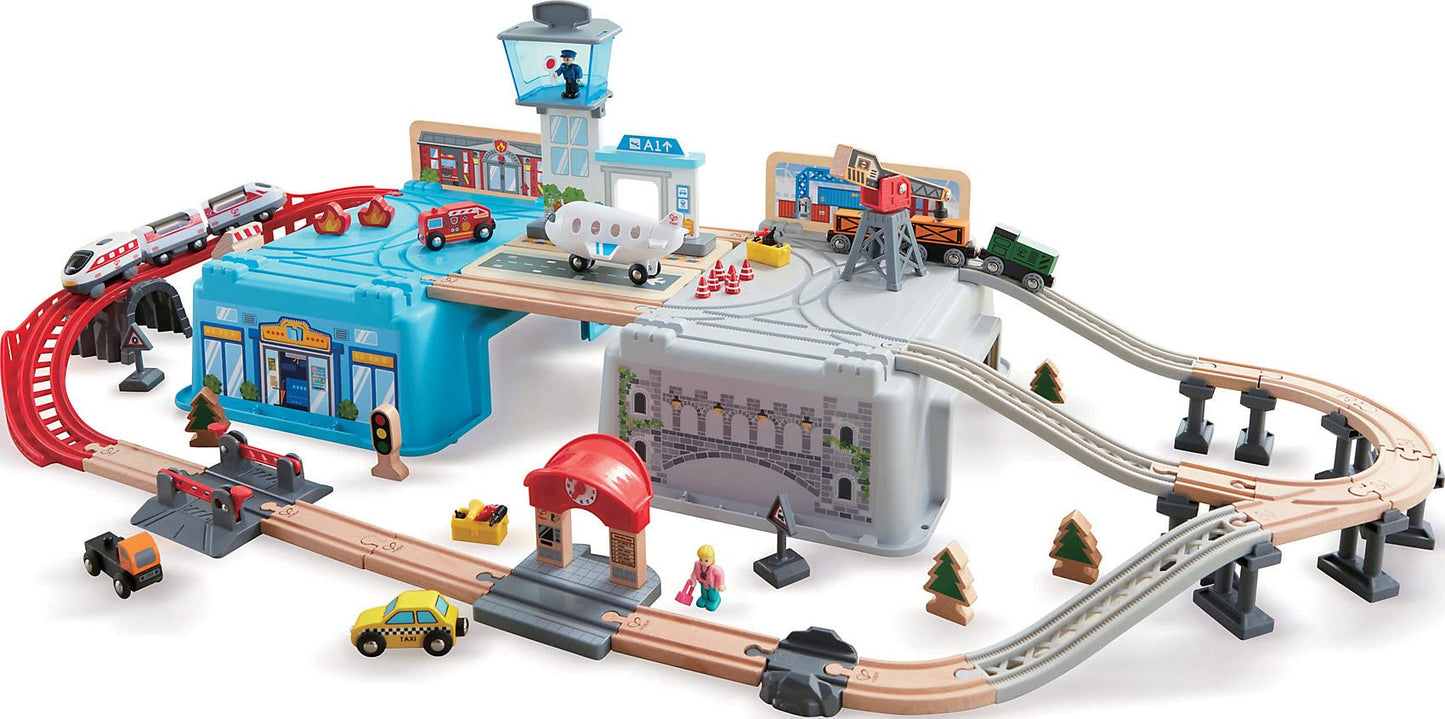 Hape Super Cityscape Transport Bucket Set | Wooden Train & City Scene Playset for 3+