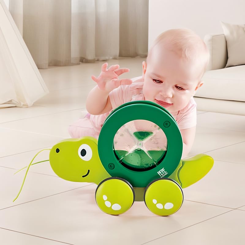 Hape Tito Pull Along | Wooden Turtle Toy with Swirling Shell – Green