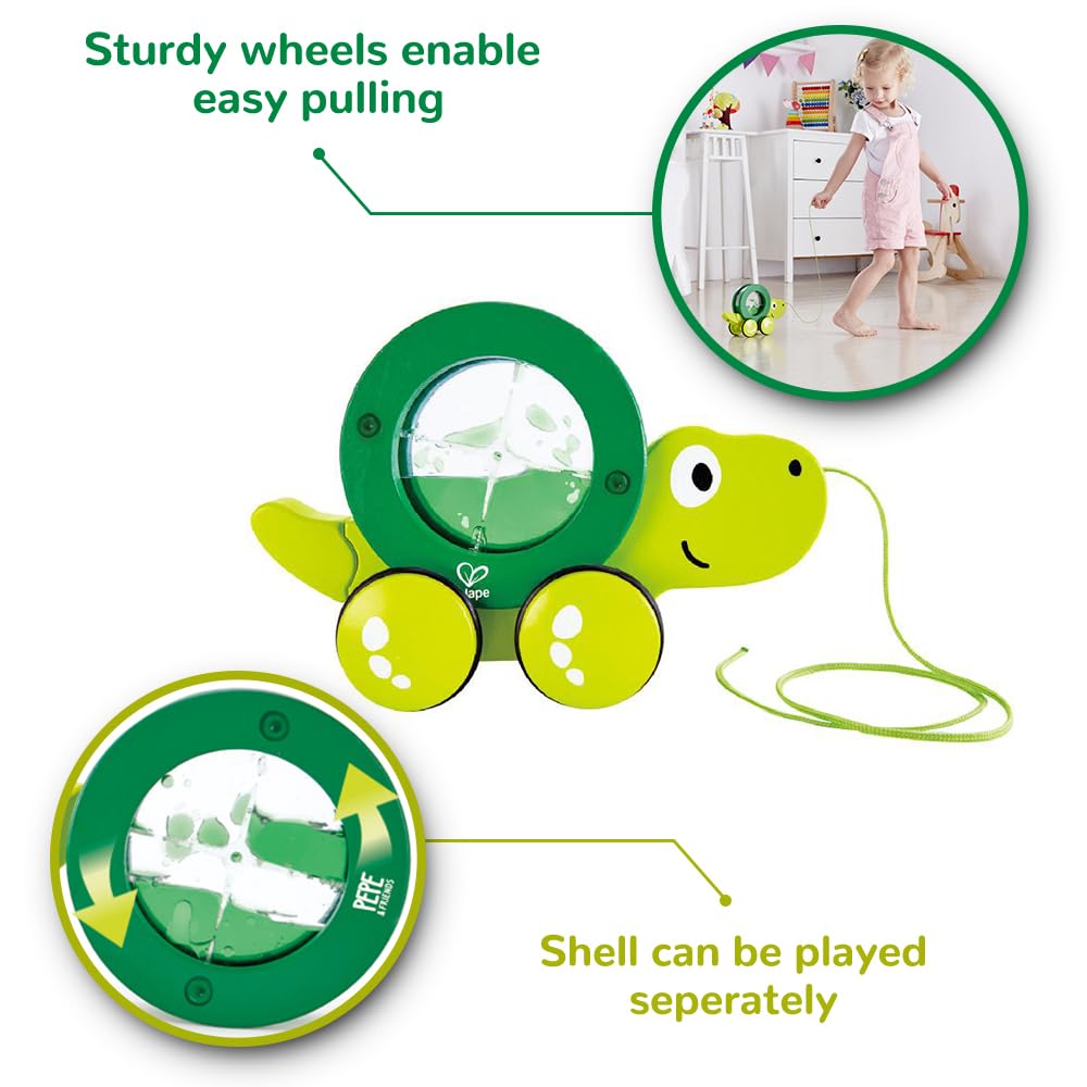 Hape Tito Pull Along | Wooden Turtle Toy with Swirling Shell – Green