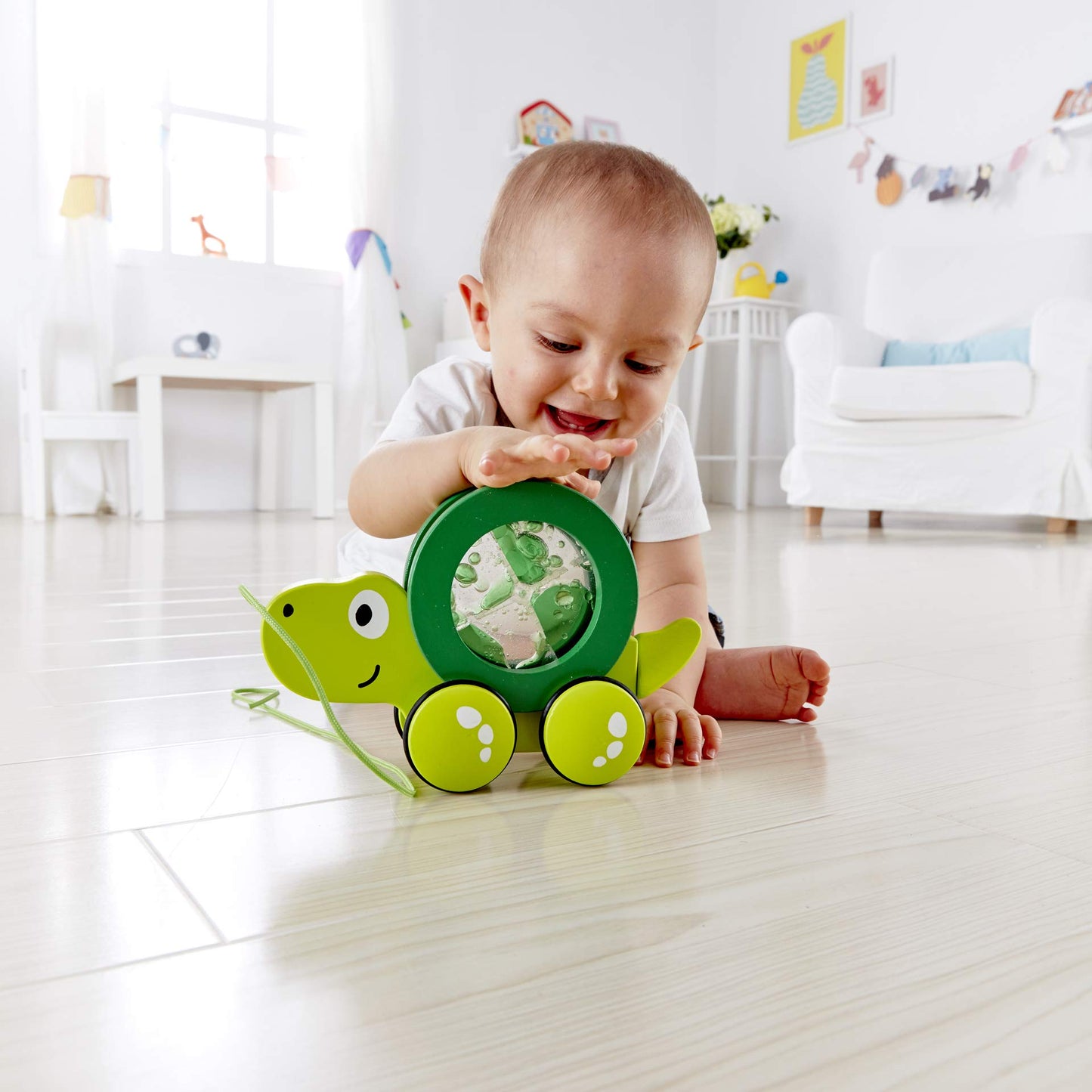 Hape Tito Pull Along | Wooden Turtle Toy with Swirling Shell – Green