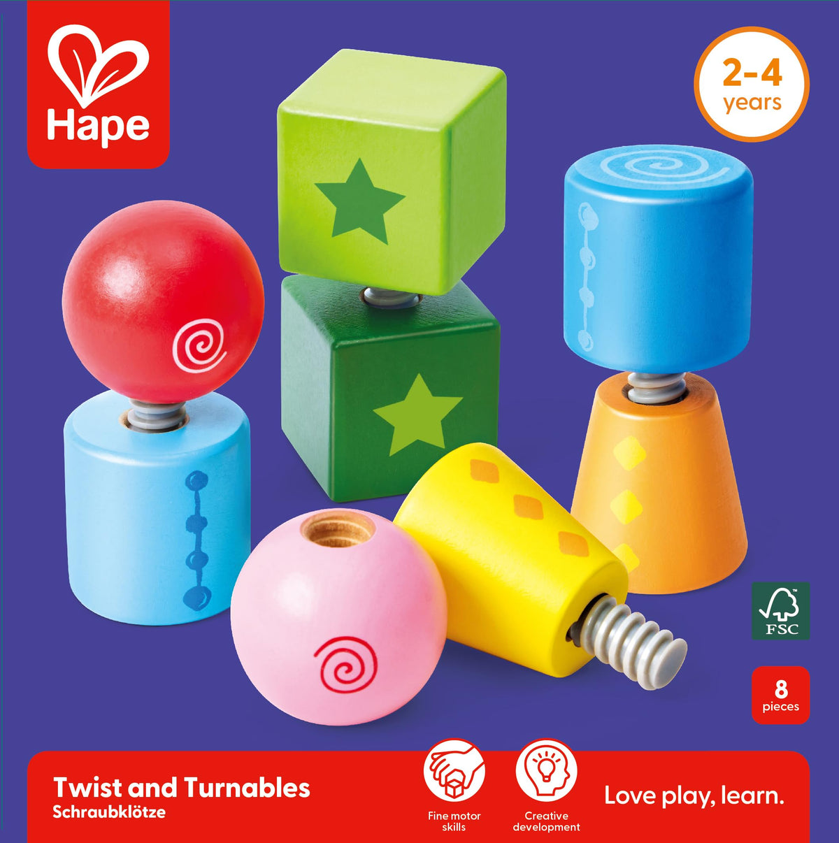 Hape Twist and Turnables Wooden Building Block Learning Set – Colorful Screw-Together Shapes for Ages 2–4