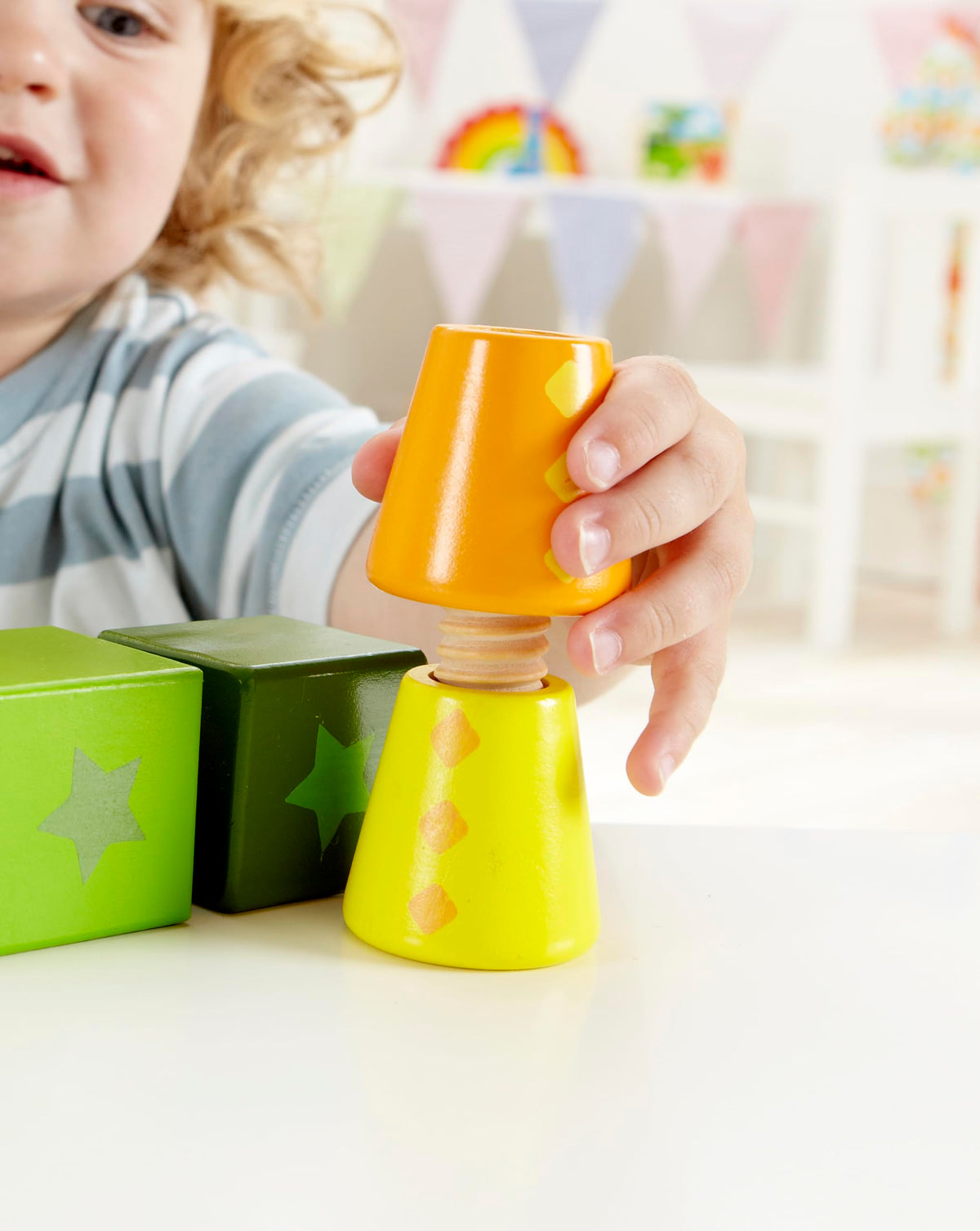 Hape Twist and Turnables Wooden Building Block Learning Set – Colorful Screw-Together Shapes for Ages 2–4
