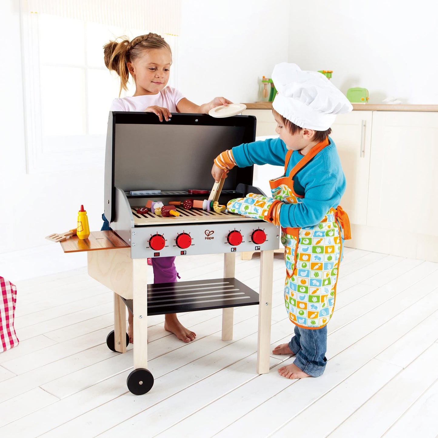 Hape Wooden Gourmet Grill and Shish Kabob Playset – Pretend Cooking for Kids