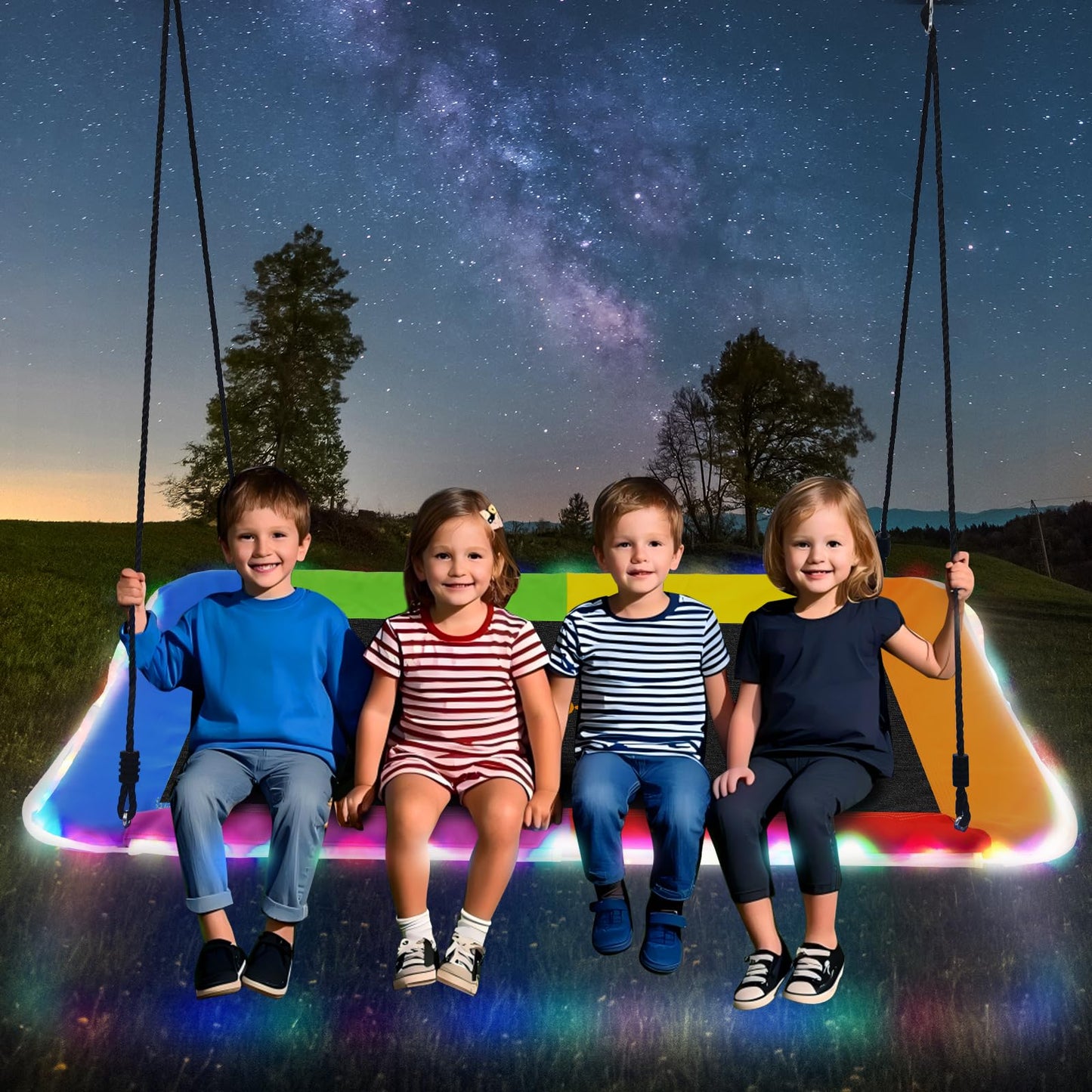 Hapfan 60-Inch Platform Tree Swing with LED Lights – Waterproof 900D Oxford, 700 lb Capacity, Rainbow