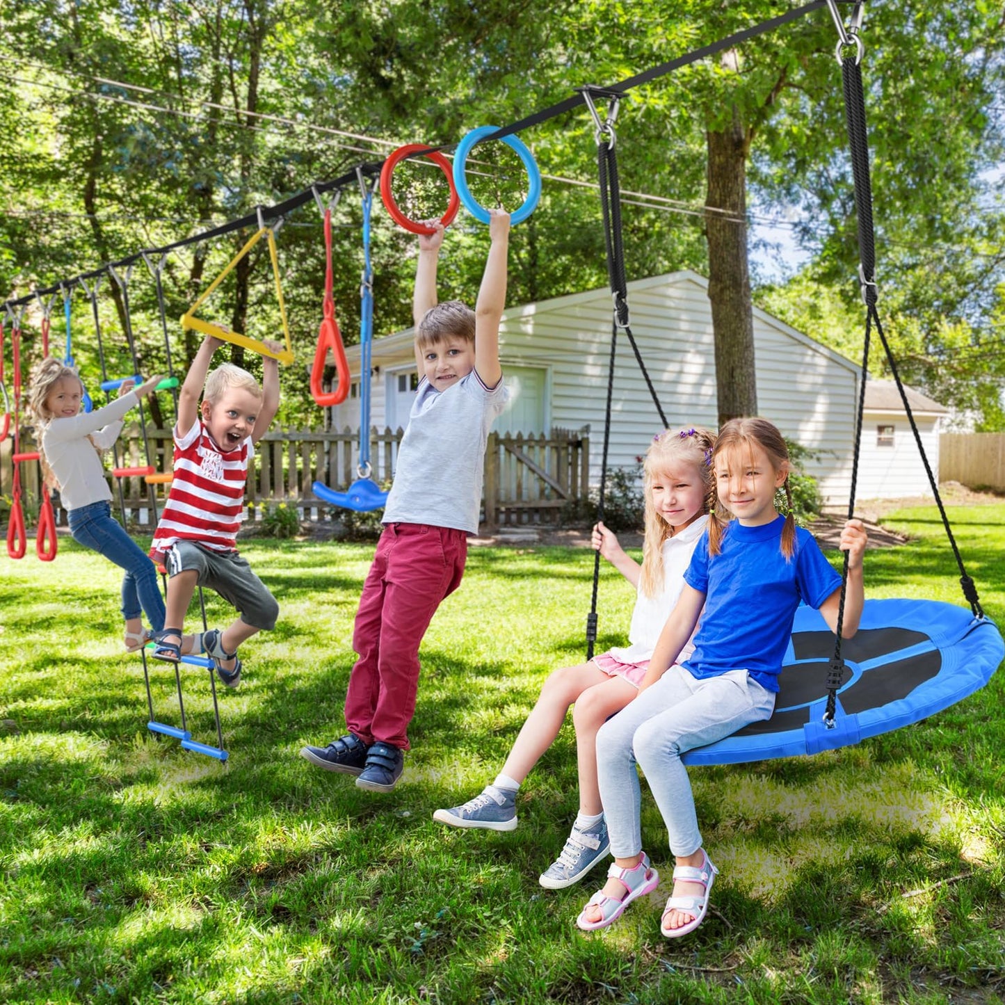 Hapfan 65 ft Ninja Warrior Obstacle Course for Kids – 11 Obstacles, Swing Set for Backyard