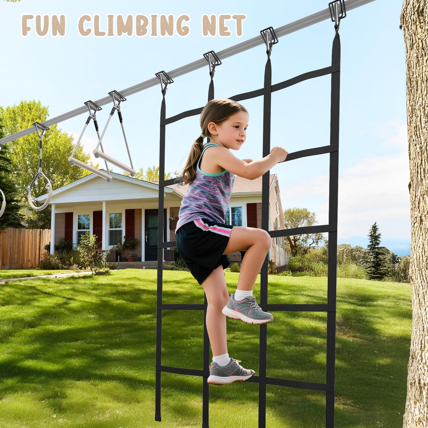 Hapfan 60 FT Ninja Warrior Obstacle Course Swing Set for Kids – Weatherproof Backyard Outdoor Playset