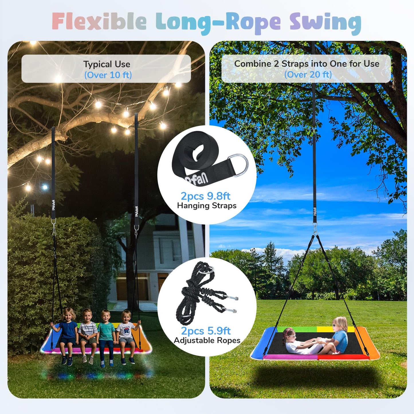 Hapfan 60-Inch Platform Tree Swing with LED Lights – Waterproof 900D Oxford, 700 lb Capacity, Rainbow