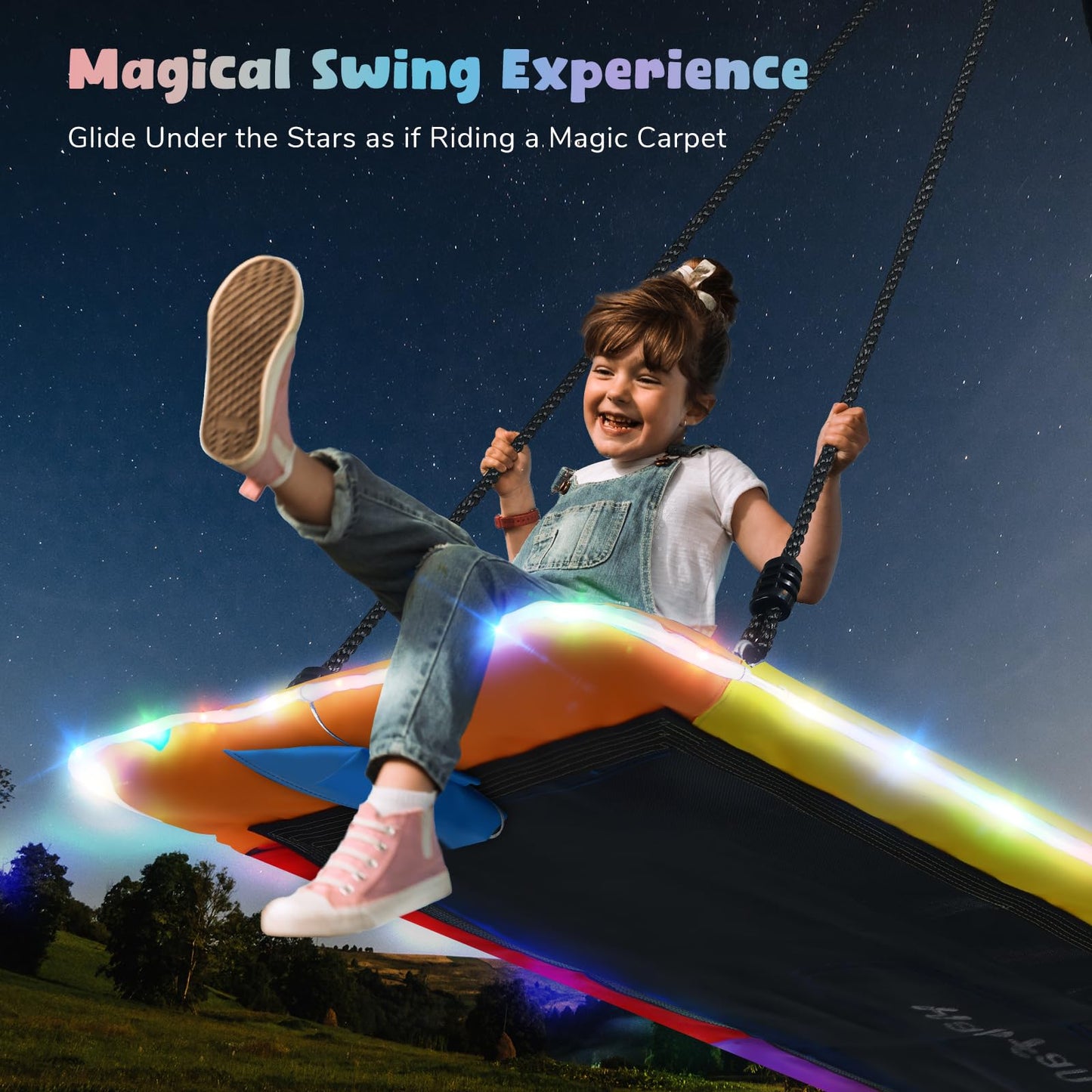 Hapfan 60-Inch Platform Tree Swing with LED Lights – Waterproof 900D Oxford, 700 lb Capacity, Rainbow