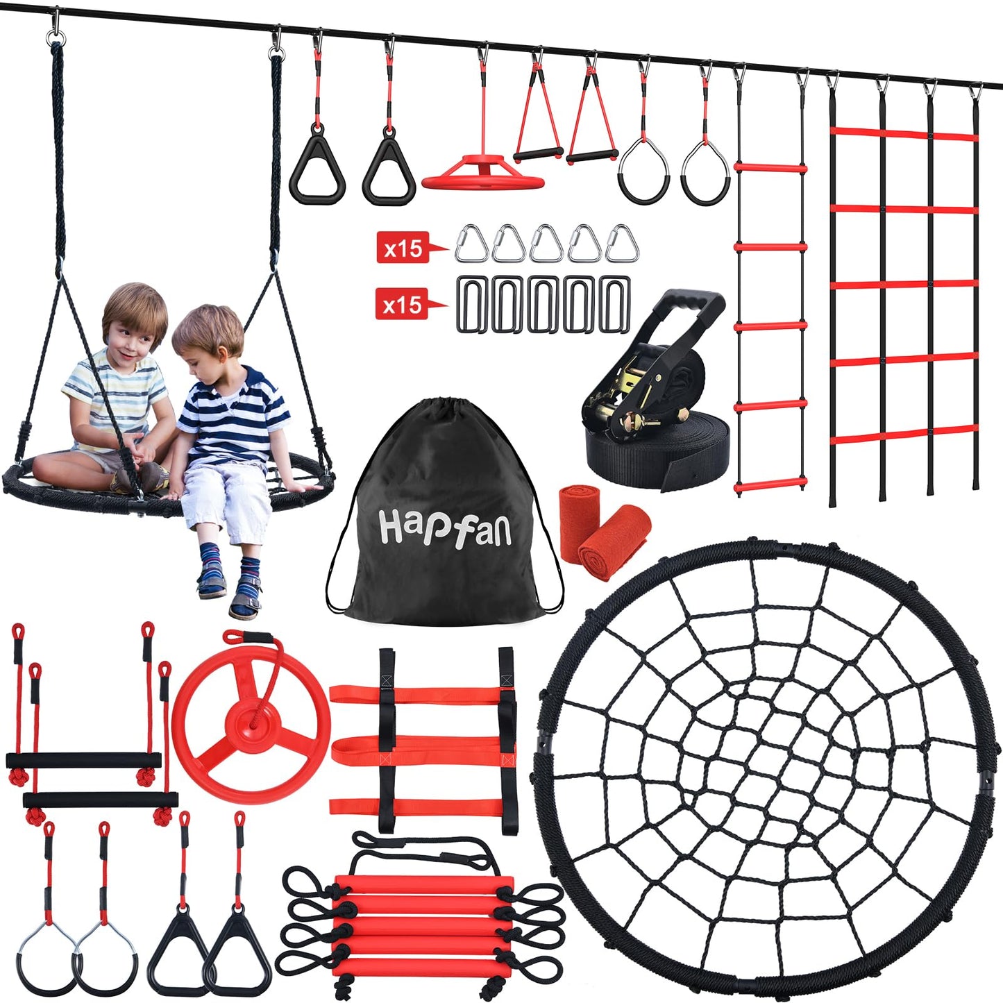 Hapfan 50 ft Ninja Warrior Obstacle Course for Kids – Portable Tree Swing & Slackline Playset