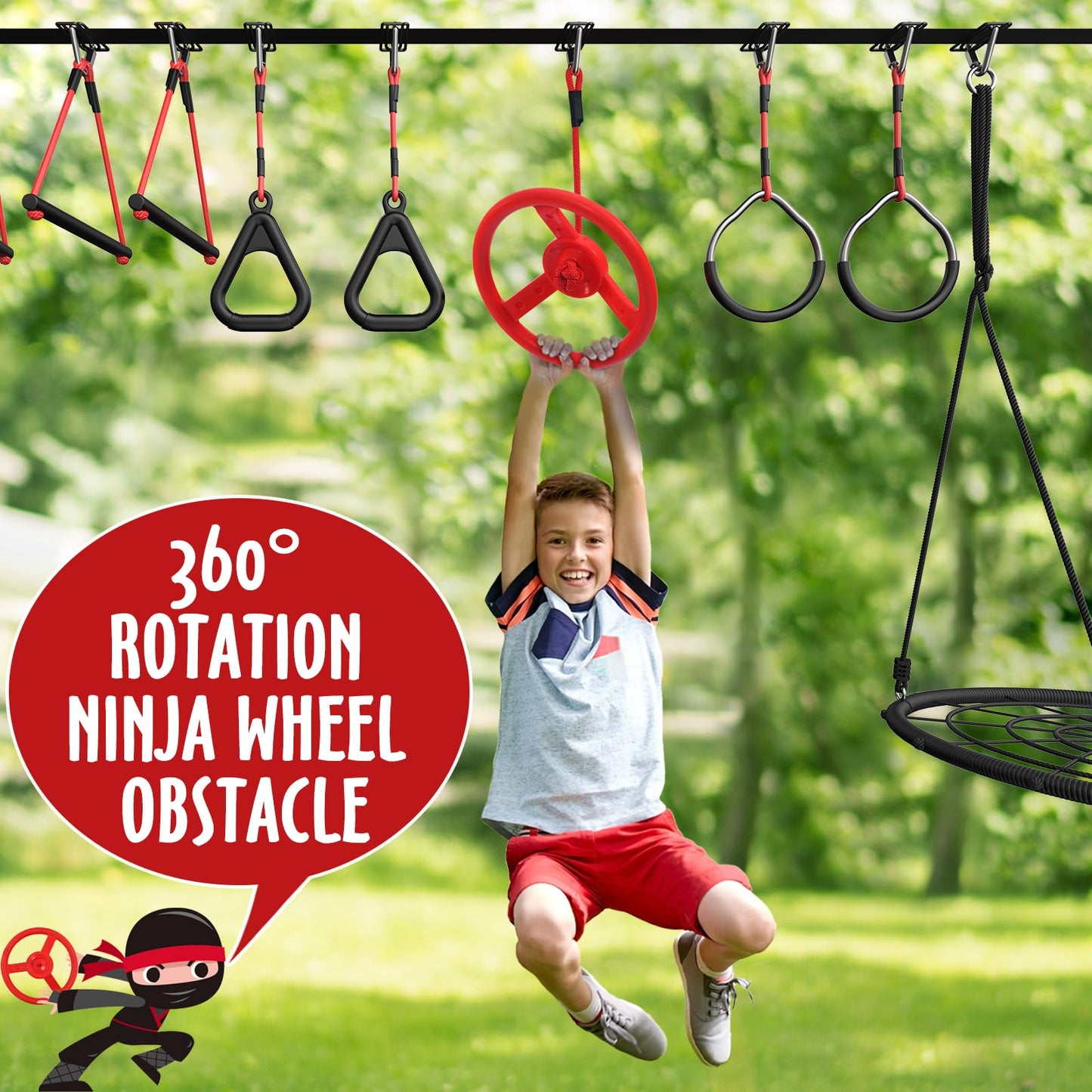 Hapfan 50 ft Ninja Warrior Obstacle Course for Kids – Portable Tree Swing & Slackline Playset