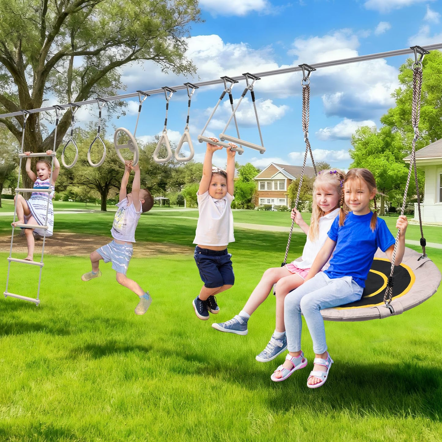 Hapfan 60 FT Ninja Warrior Obstacle Course Swing Set for Kids – Weatherproof Backyard Outdoor Playset