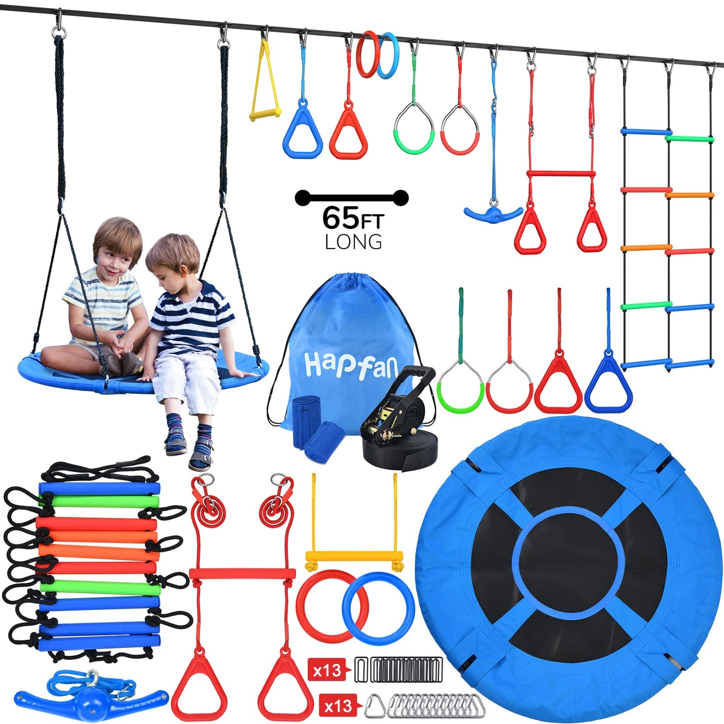 Hapfan 65 ft Ninja Warrior Obstacle Course for Kids – 11 Obstacles, Swing Set for Backyard