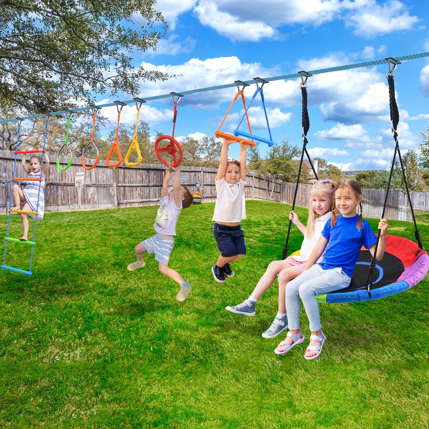 Hapfan 50 ft Ninja Warrior Obstacle Course Swing Set for Kids – Weather-Proof Backyard Outdoor Playset
